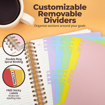 Hardcover Leather Lined Spiral Notebook 8x10" with Removable Dividers - Black - 300 Pages 5 Subject College Ruled Notebook for Work with Tabs, Pockets, and Pen Loop for Note Taking, Large Journal