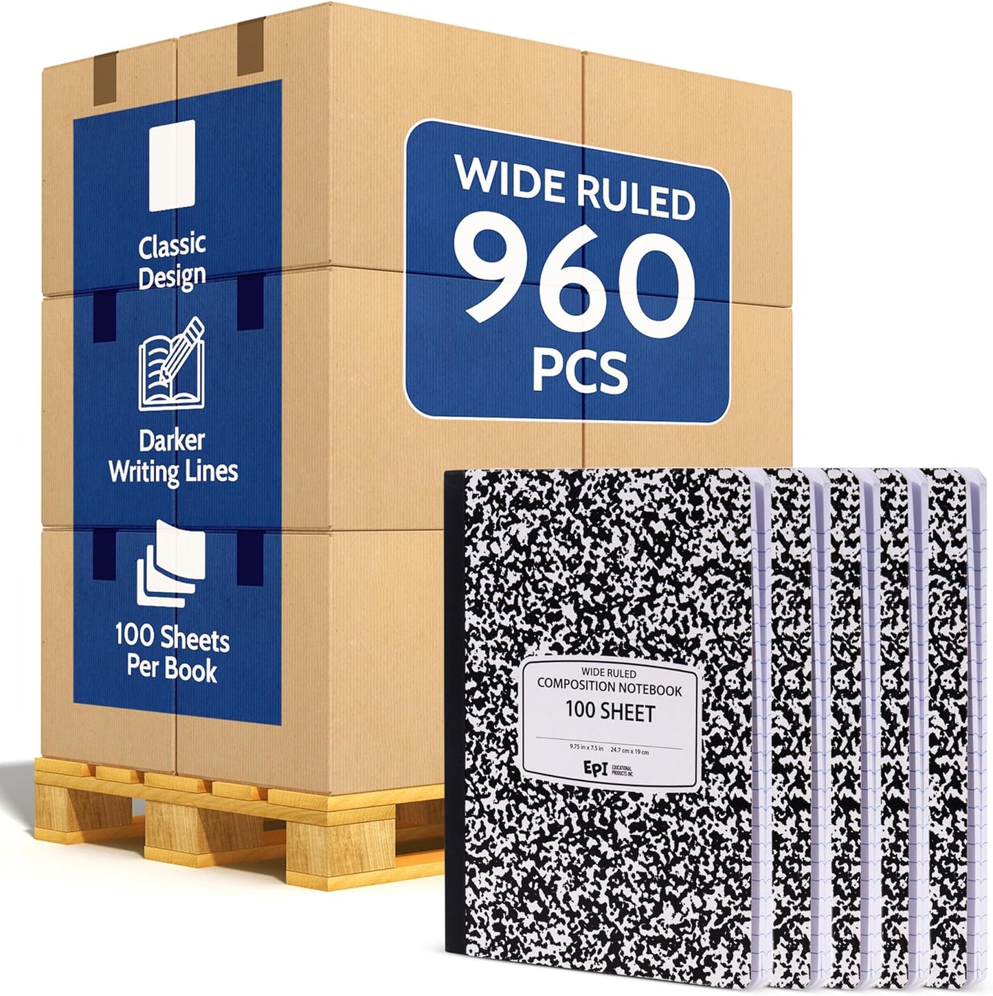 48 Pack - EPI Marble Hardcover Wide Ruled Composition Notebook | 200 Pages (100 Sheets), 9.75 x 7.5 in, Sturdy Sewn Binding | School, Office, Journaling, Notes