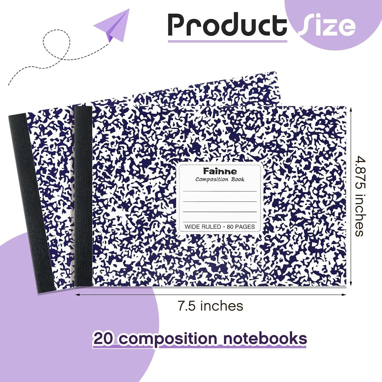 Fainne 20 Pieces Composition Notebooks 80 Pages Half Size Wide Ruled 4-7/8 x 7-1/2" Composition Books 11/32" Spacing Assorted Primary Covers Bulk(Green,Snowflake)