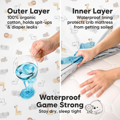 2-Pack Waterproof Crib Sheets for Boys, Girls - 52x28 Fitted Organic Cotton Baby Crib Sheets, Toddler Mattress Protector Cover, Washable, Soft & Durable Baby Bedding Essentials(Pine Grove)