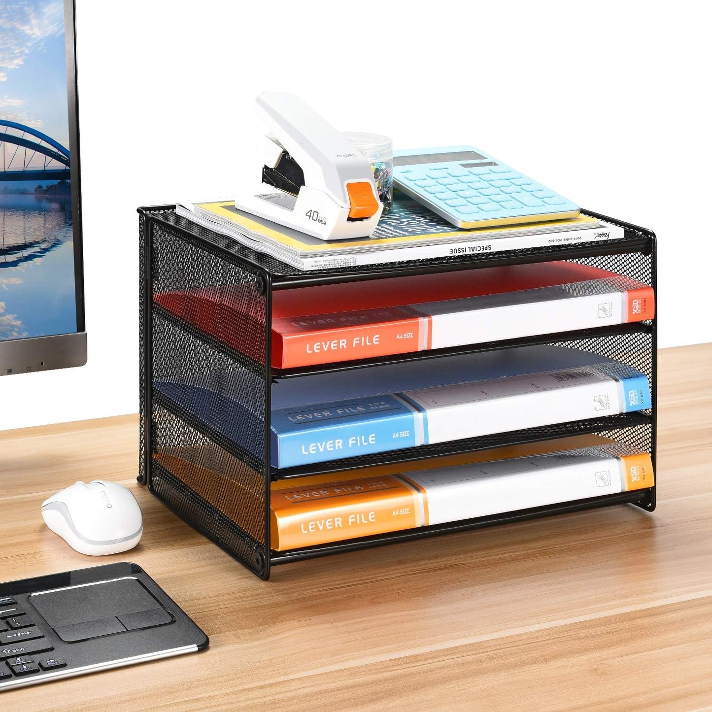 Samstar 3 Tier Letter Tray Paper Organizer with Handle, Mesh Desk Organizer Paper Sorter File Rack Shelves, Black