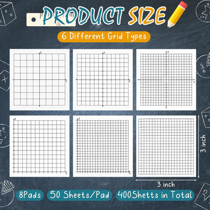 Sabary 8 Packs Graph Paper Sticky Notes 400 Sheets 3 x 3 Inch Lined Mini Graph Pads 20 x 20 Four Quadrant Adhesive Grid Sticky Notes for Office School Math Supplies(8 Pads)