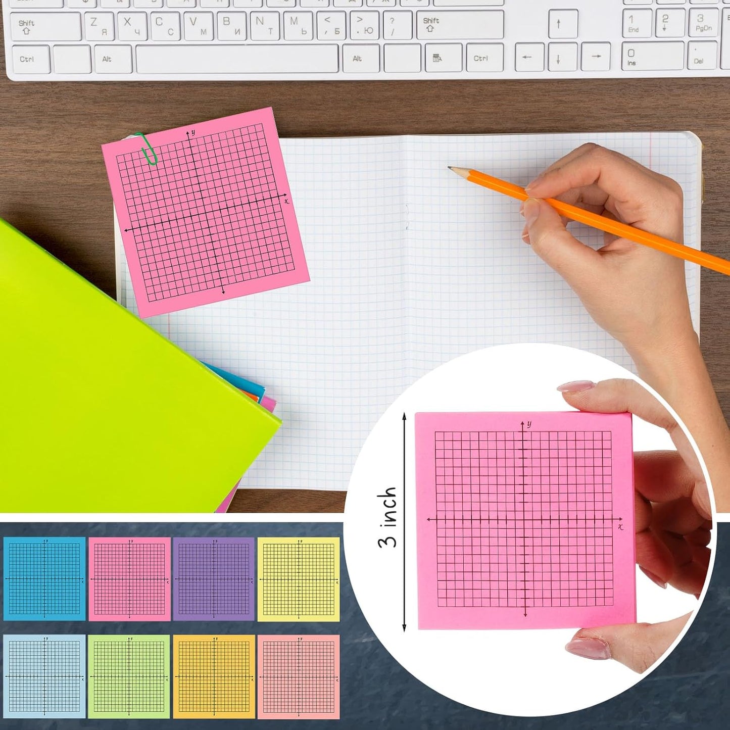 Sabary 8 Packs Graph Paper Sticky Notes 400 Sheets 3 x 3 Inch Lined Mini Graph Pads 20 x 20 Four Quadrant Adhesive Grid Sticky Notes for Office School Math Supplies(8 Pads)