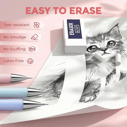 Nicpro 3PCS Cute Mechanical Pencil Set with Case, 0.7 mm Pencils with 6 Tube HB Lead Refill, 3PCS Eraser, 9PCS Eraser Refill for School Supplies Student Writing, Drafting Drawing Sketching