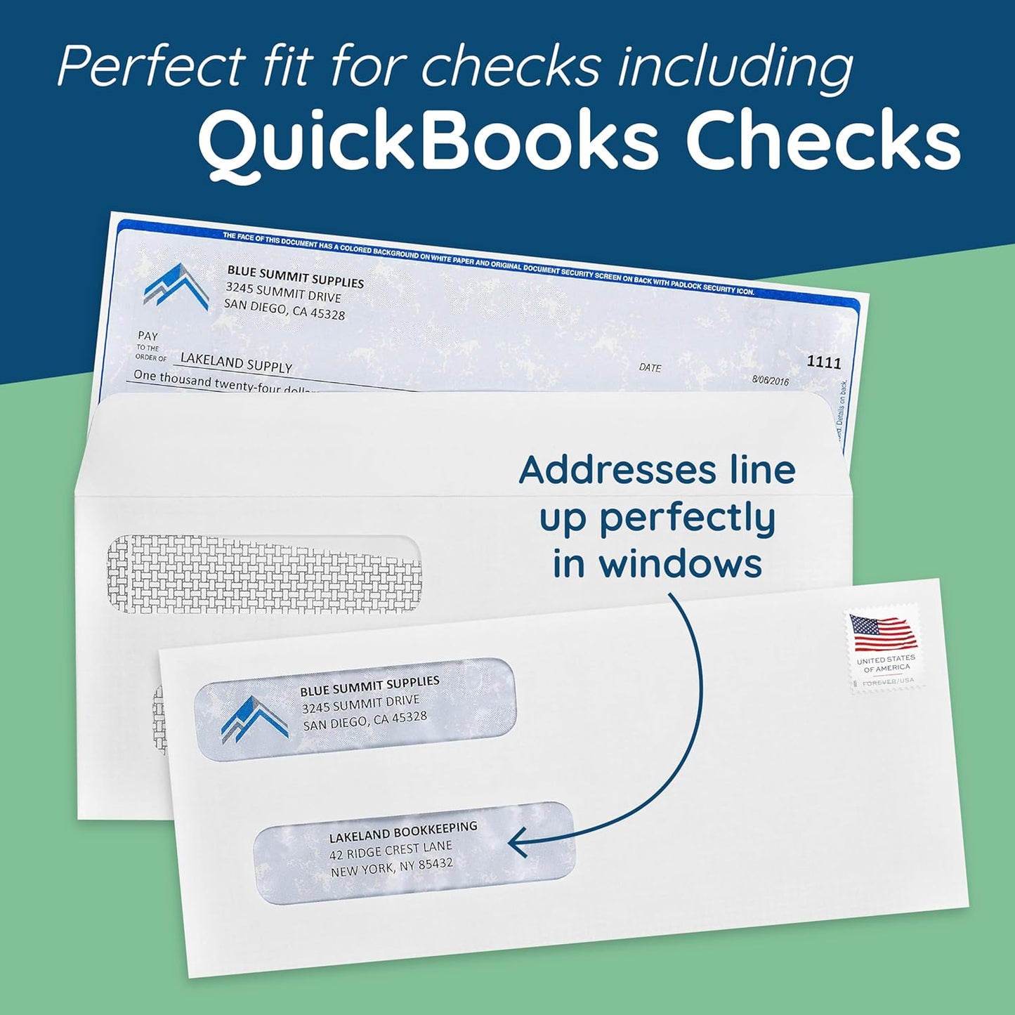 500 No. 8 Flip and Seal Double Window Security Check Envelopes - Designed for Quickbooks Printed Checks - Number 8 Size 3 5/8 Inch x 8 11/16 Inch