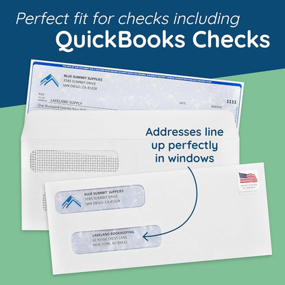 500 No. 8 Flip and Seal Double Window Security Check Envelopes - Designed for Quickbooks Printed Checks - Number 8 Size 3 5/8 Inch x 8 11/16 Inch