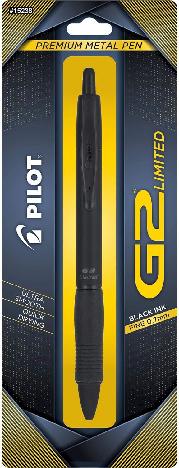 PILOT G2 Limited Refillable & Retractable Rolling Ball Gel Pen, Fine Point, Matte Black Barrel, Black Ink, Single Pen (15238)