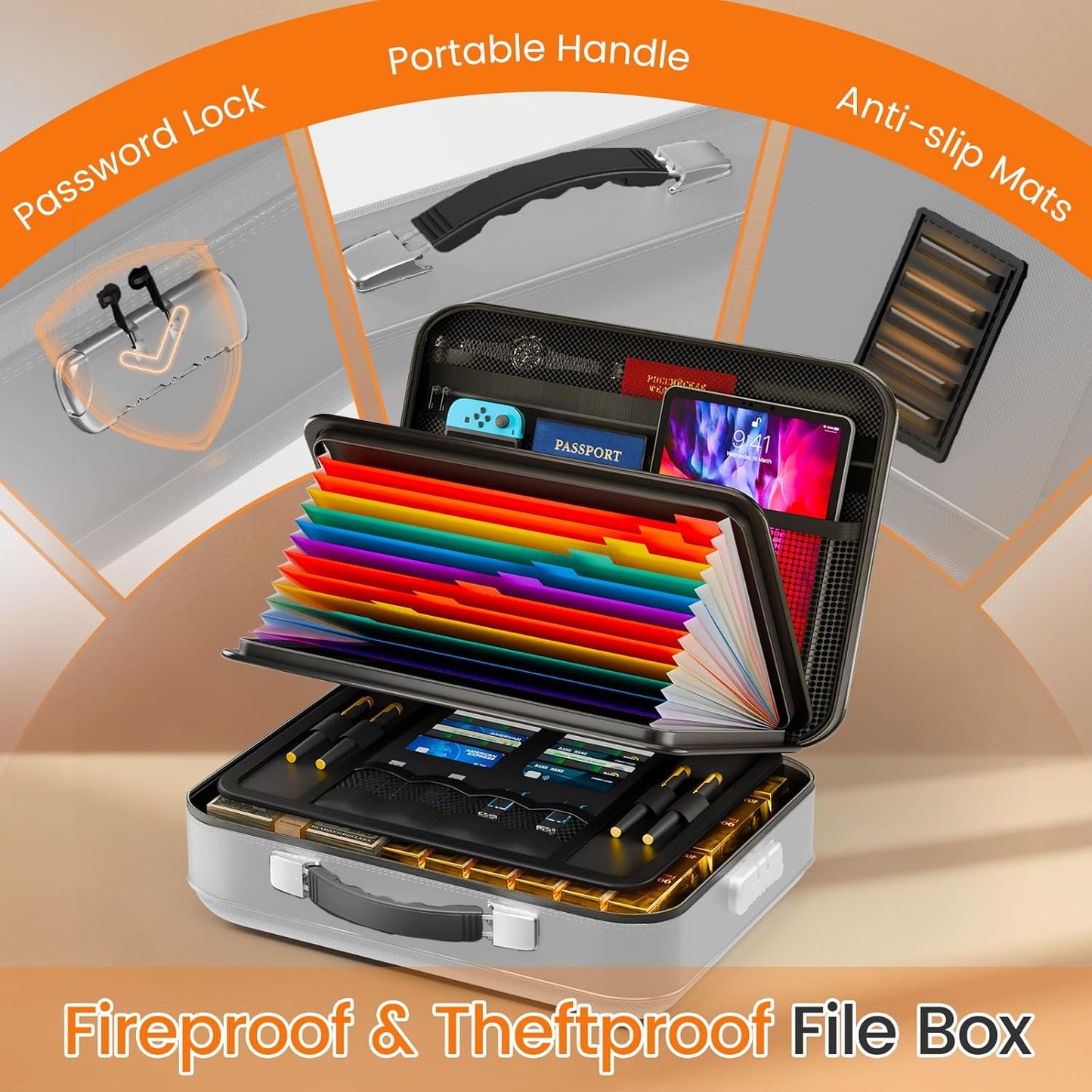 Fireproof Document Box with Lock, 5200°F Fireproof Water Resistant Hard Case File Organizer Safe Box for Important Documents, Certificates, Laptop, Passports (Black)