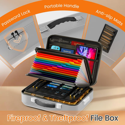Fireproof Document Box with Lock, 5200°F Fireproof Water Resistant Hard Case File Organizer Safe Box for Important Documents, Certificates, Laptop, Passports (Black)