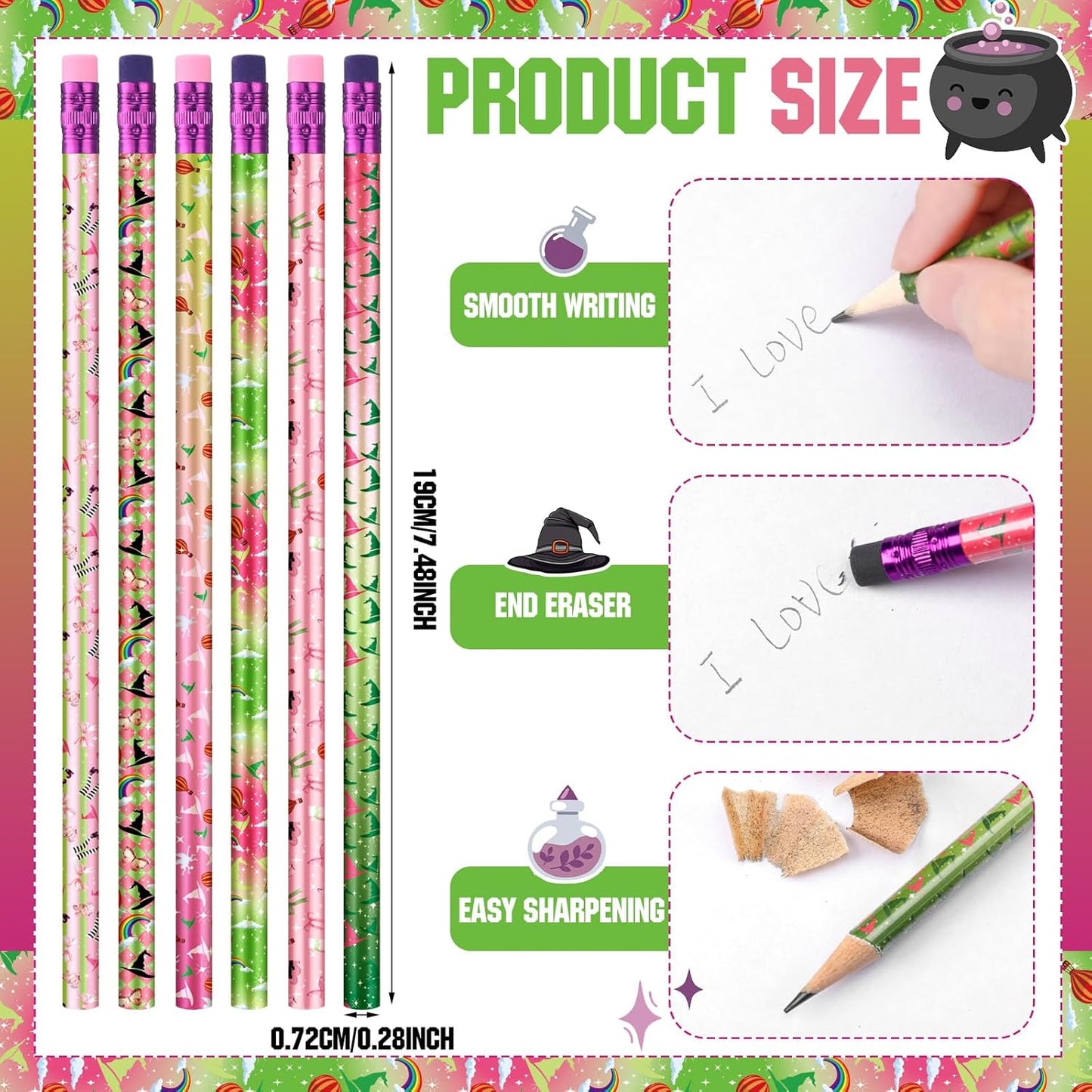Fullhawl 120 Pcs Witch Party Favor Pencil Bulk Pink and Green Pencil Gift Witch Party Favors for Office School for Pink and Green Movie Supplies
