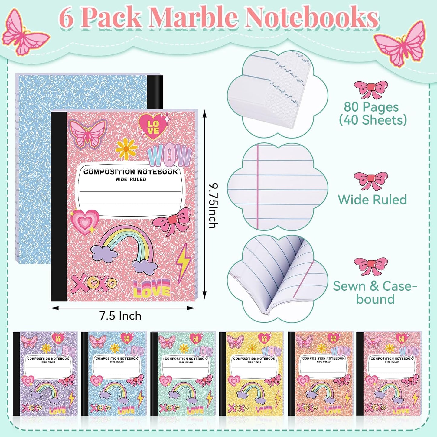 6 Pack Marble Composition Notebook Wide Ruled Preppy Composition Notebooks,Back to School Coquette Aesthetic Notebooks Perfect-bound 80 Pages (40 Sheets) 9.75x7.5 Inches