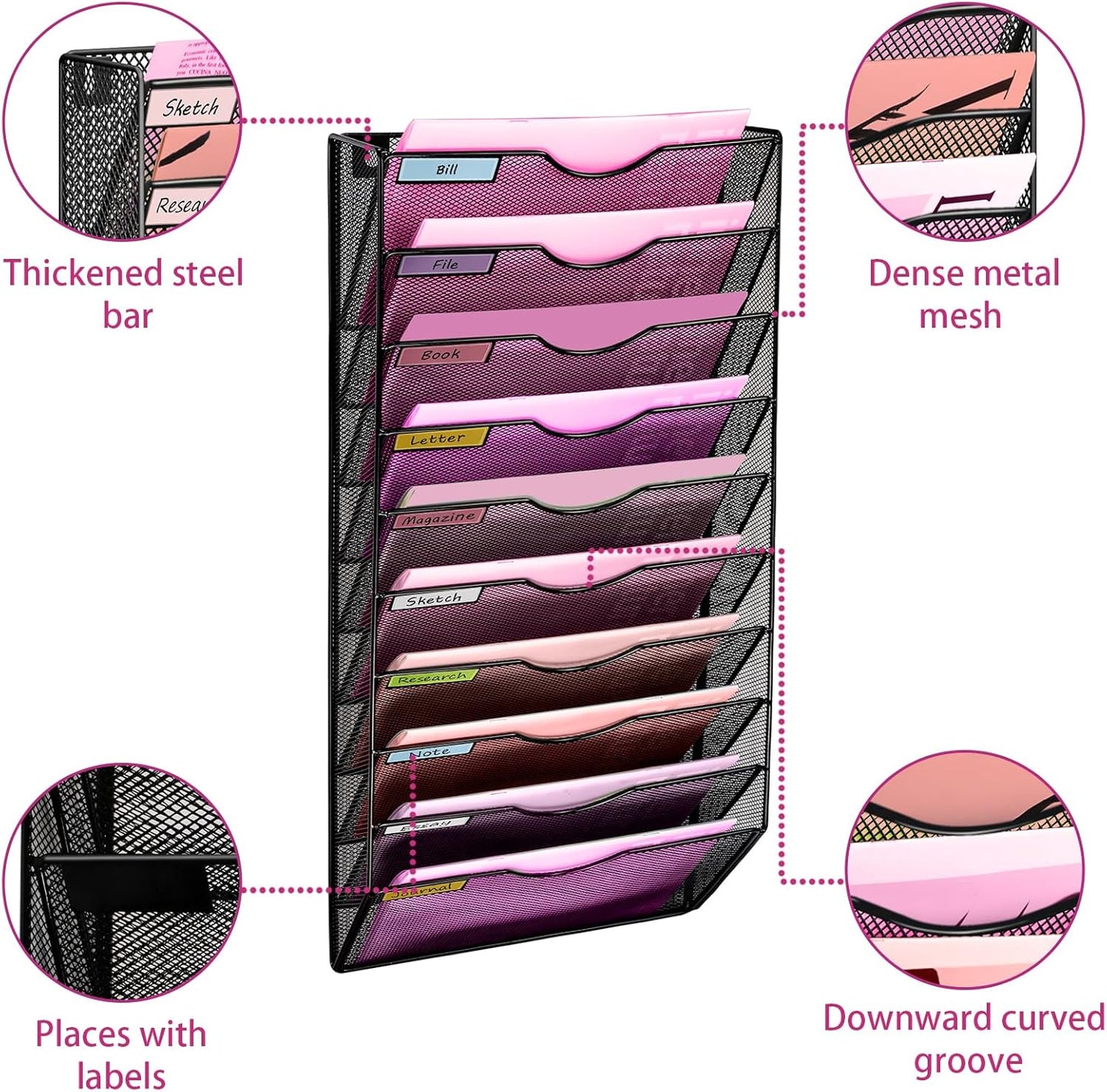 1 Pocket Mesh Wall File Holder Organizer Office Hanging File Folder Magazine Rack, Nametag Label Hooks Set Included (Black)