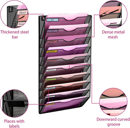 1 Pocket Mesh Wall File Holder Organizer Office Hanging File Folder Magazine Rack, Nametag Label Hooks Set Included (Black)