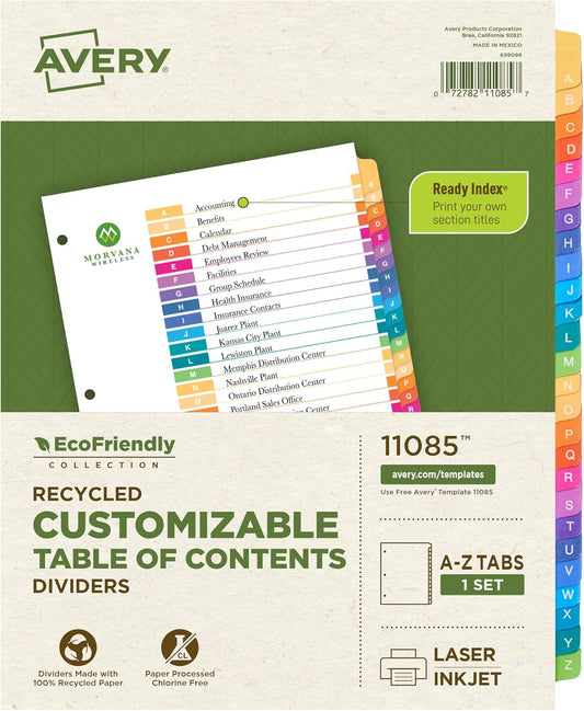 Avery EcoFriendly Recycled A-Z Dividers for 3 Ring Binders, 26 Tabs per Set, Customizable Table of Contents, Multicolor Tabs, Great for Organizing Reports, Projects, and More (11085)