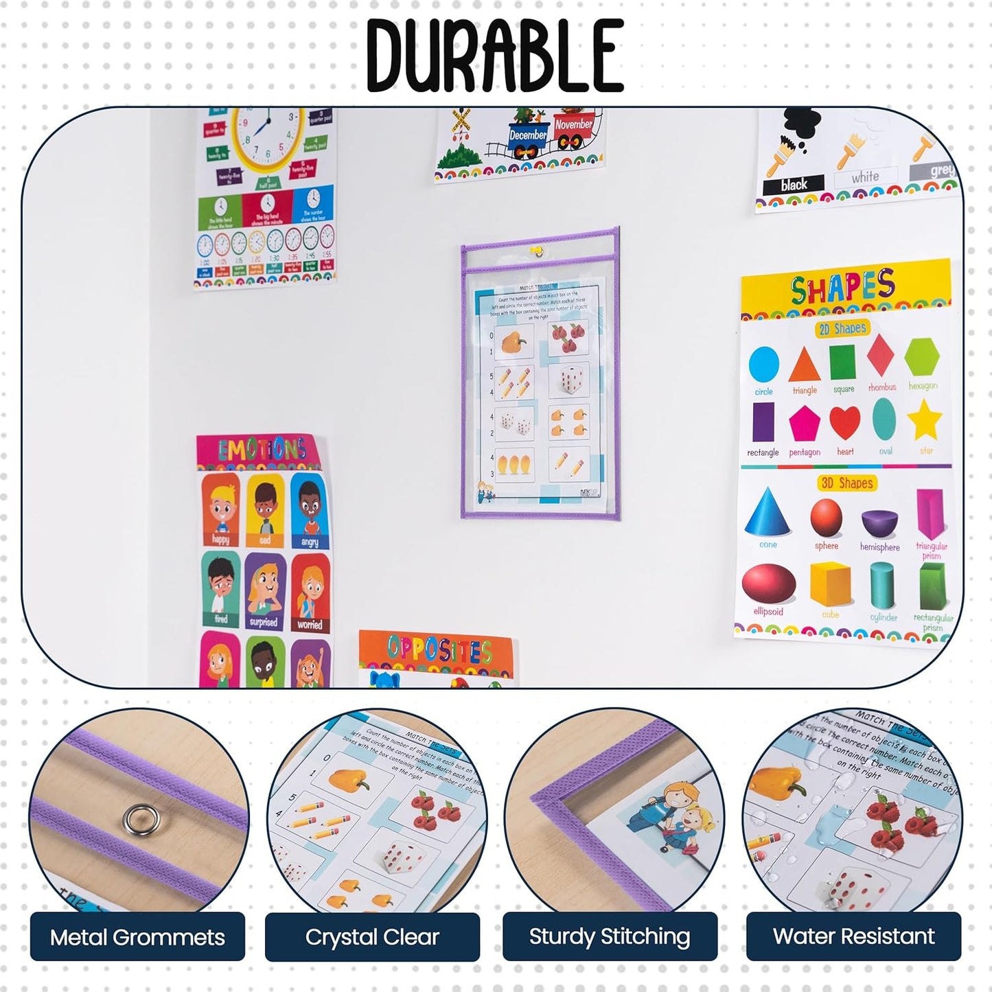 Essex Wares - 6 Pack, Assorted, Dry Erase Pocket Document Protectors, 10" Wide x 13.5" Tall- Dry Erase Clear Plastic Sleeves - Reusable & Easy Erase Plastic Invoice Holders, Water-Resistant & Durable