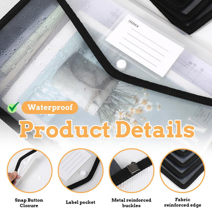 12 Pack Plastic Expanding File Folder, Folders for Documents with Snap Closure, Transparent Accordion File Pouch, A4 Letter Size Transparent Envelopes with Snap Closure (Black)