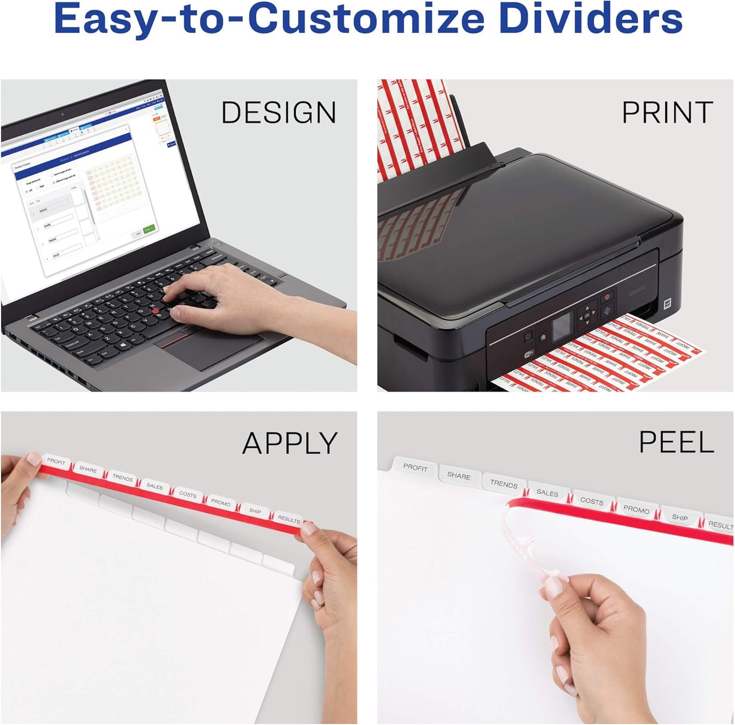 Avery 5 Tab Dividers for 3 Ring Binder, Easy Print & Apply Clear Label Strip, Index Maker Customizable White Tabs, 25 Sets (11446)