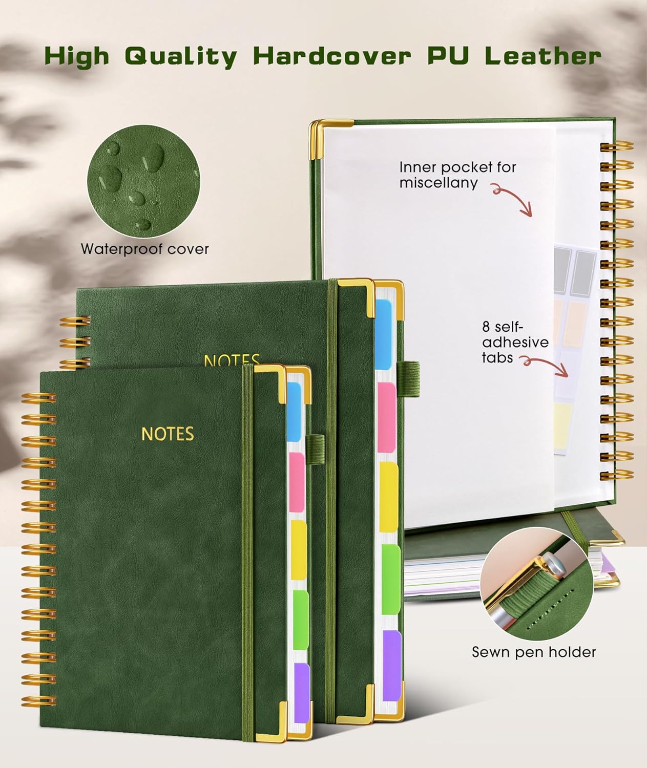 Hardcover Spiral Notebook Journal with Removable Dividers Tabs, 300 Pages Leather 5 Subject Notebook College Ruled, 8"x10" Large B5 Notebooks for Work School Note taking, Lined Journal for Women, Pink