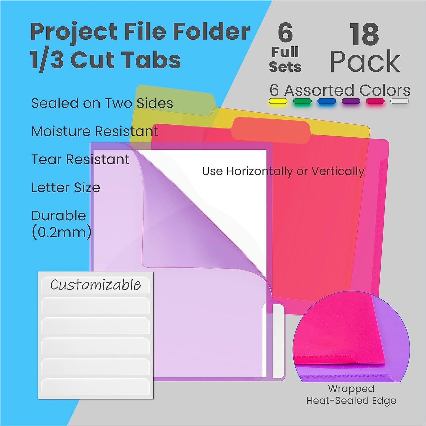 Better Office Products Poly Project Document Pockets, 18 Pack, 1/3 Cut Tabs, Plastic File Jacket Sleeves for Letter Size Paper, 6 Translucent Colors, 6 Full Sets of Tabbed Folders,