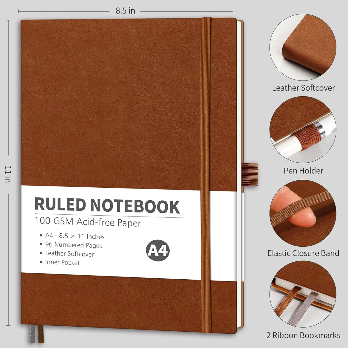 RETTACY Graph Grid Paper Notebook, 96 Pages, A4 Large Size (8.5'' x 11''), 5 Squares per Inch, Leather Softcover, 100 GSM Thick Paper, for School, Students, Math, Engineering (Navy Blue)