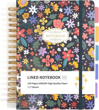 Hardcover Spiral Notebook 7.1"x10" Journal with Removable Divider Tabs, 150 Pages, 5 Subject Notebook, Ideal for Women Work Stationery, Pretty Student Planner, Meetings, Essential Notebooks, Tabbed Notebook, Aesthetic Subject Journal