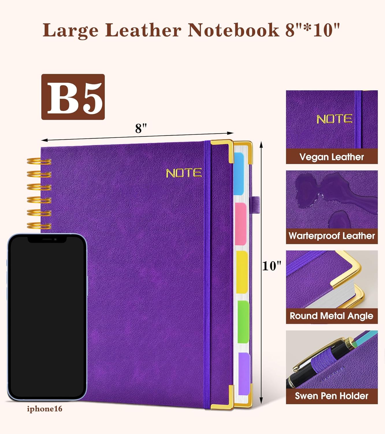 Hardcover Large Spiral Notebook 8.5" x 11" with Removable Dividers Tabs, 300 pages Leather 5 Subject Notebook College Ruled, A4 Journal for Women Men, Notebooks for Work School Note taking,Black