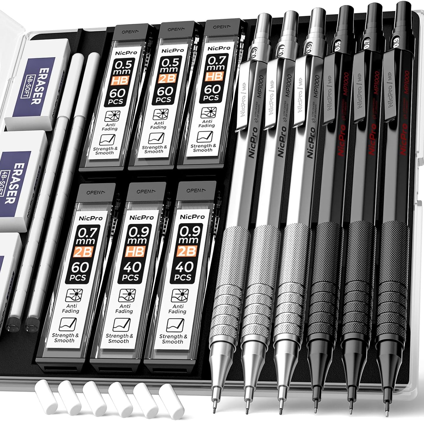Nicpro 0.5 mm Mechanical Pencils Set with Case, 3 Metal Artist Pencil With 480PCS HB Lead Refills, 3 Erasers,9 Eraser Refills For Architect Art Writing Drafting, Drawing, Engineering, Sketching, Black