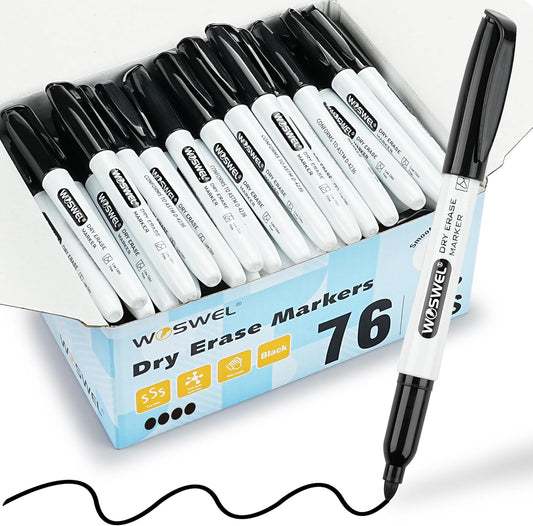WOSWEL Dry Erase Markers Bulk, 76 Pack Black Fine Tip Whiteboard Markers, Fine Point, Low Odor Dry Erase Markers for School Office Home, Non-Toxic Easy Clean