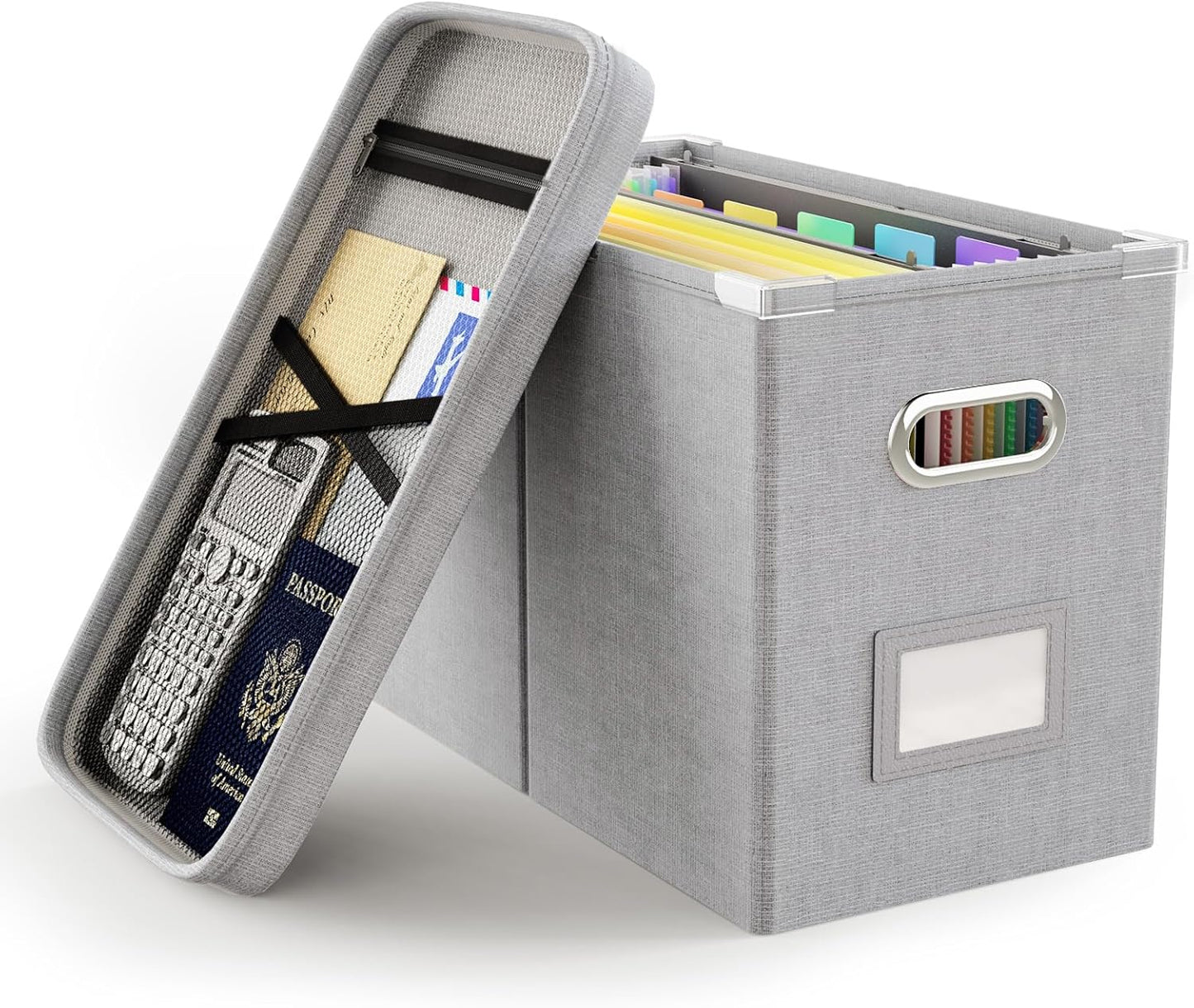 Oterri File Organizer Box with Lid, Hanging Filing File Box with Mesh Pocket, Document Organizer Box for Letter Files, Portable Storage Box with Smooth Sliding Rail for Office&Home (1 PCS, Beige)