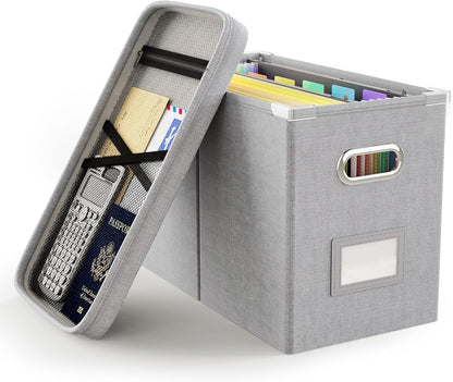 Oterri File Organizer Box with Lid, Hanging Filing File Box with Mesh Pocket, Document Organizer Box for Letter Files, Portable Storage Box with Smooth Sliding Rail for Office&Home (1 PCS, Beige)
