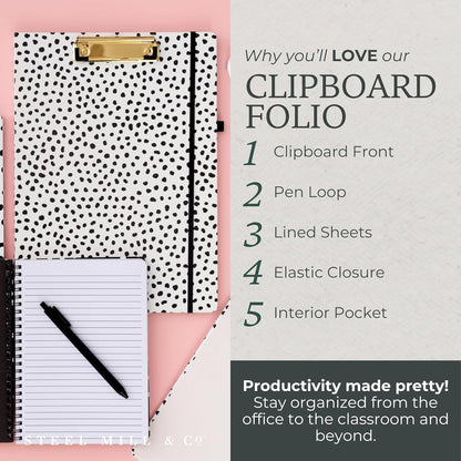 Steel Mill & Co Cute Clipboard Folio with Refillable Lined Notepad and Interior Storage Pocket, Floral Padfolio for Work, Garden Blooms Cream