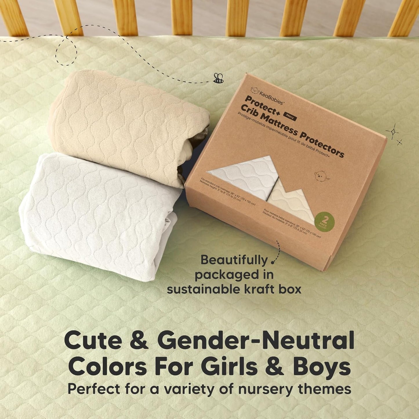 2-Pack Waterproof Crib Mattress Protector Cover Fitted - Quiet Baby Crib Mattress Pad Sheets, 52" x 28" Soft Quilted Cotton Baby Sheet, Machine Washable, Easy Fit, Durable (Soft White/Mavy)