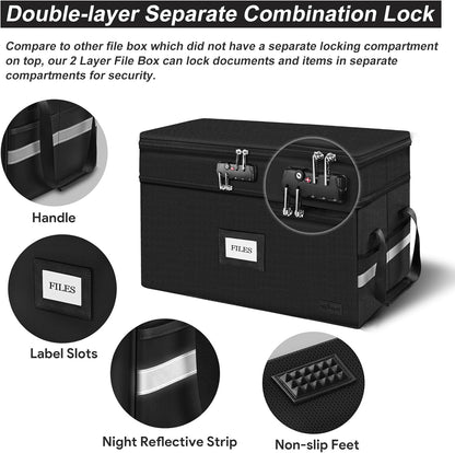 ETRONIK Fireproof Document Box with Lock, 2 Layer File Cabinet Organizer with 5 Tab Inserts, Portable Office Collapsible File Storage with Reflective Strip for Hanging Letter, Legal Size Folder
