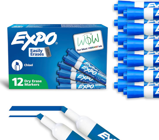 EXPO Dry Erase Markers, Low Odor Ink, Blue, Chisel Tip, 12 Count - Whiteboard, Calendar, Organization, Essential Supplies for Office, School, Classroom, Teachers