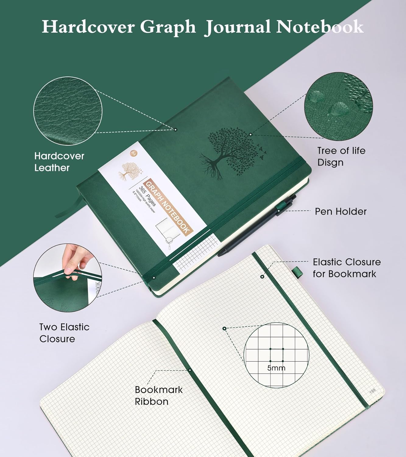 Lined Journal Notebook -365 Pages A5 Thick Journals for Writing Ruled Notebook, Hardcover Leather Journal for Women Men Daily Journal Notebook for Work, Note Taking, 100Gsm Lined Paper( 5.75'' X 8.38'' Green)