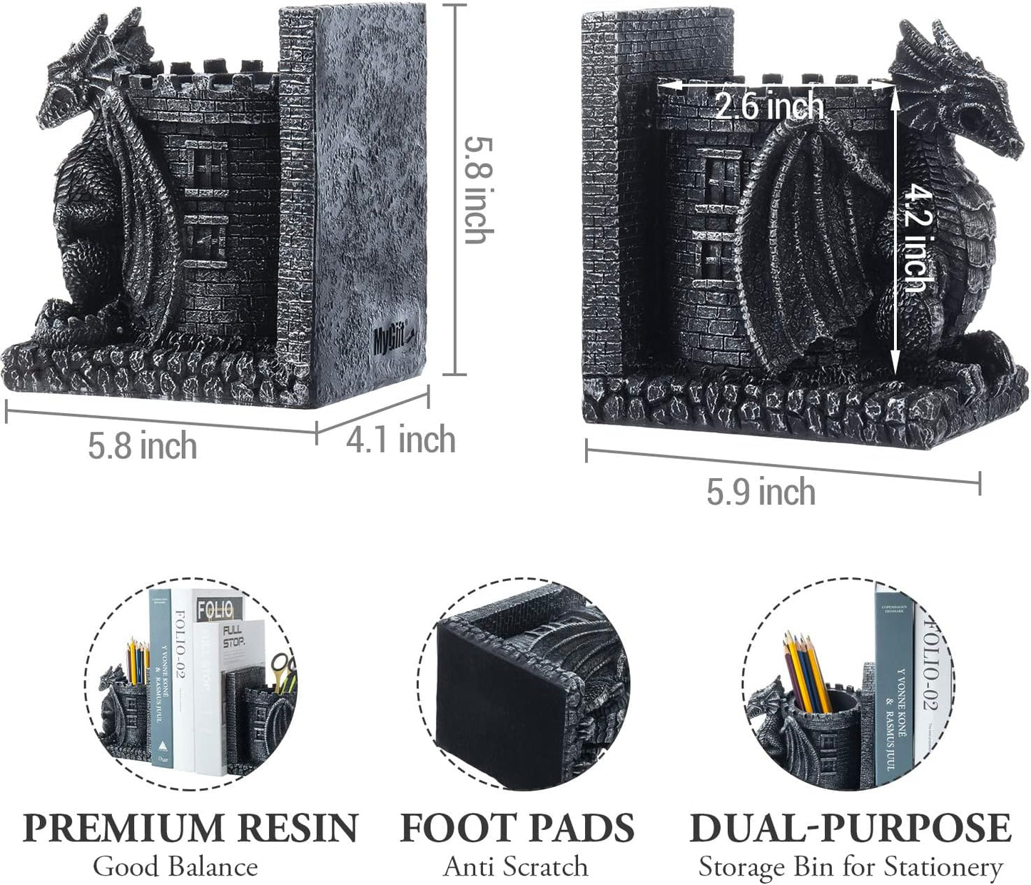 Bookends Dragon, Gothic Black Resin Dragon Guarding Castle Pencil Cup Bookends, Office Desk Book Ends with Decorative Fantasy Dragons and Stone Tower Pen Holders, 1 Pair