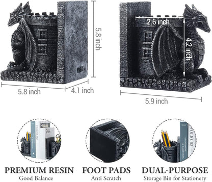 Bookends Dragon, Gothic Black Resin Dragon Guarding Castle Pencil Cup Bookends, Office Desk Book Ends with Decorative Fantasy Dragons and Stone Tower Pen Holders, 1 Pair