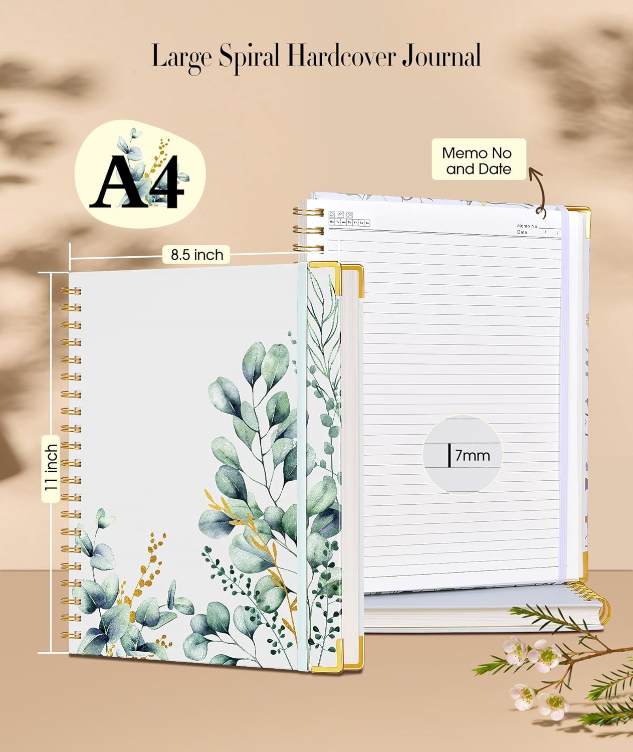 Cute Spiral Notebook Journal for Women, 200 Pages Lined Notebooks 8.5” x 11”, A4 Large Hardcover Spiral Journals with 100 GSM Thick Paper, College Ruled Notebook for Writing Work School, Orange Floral