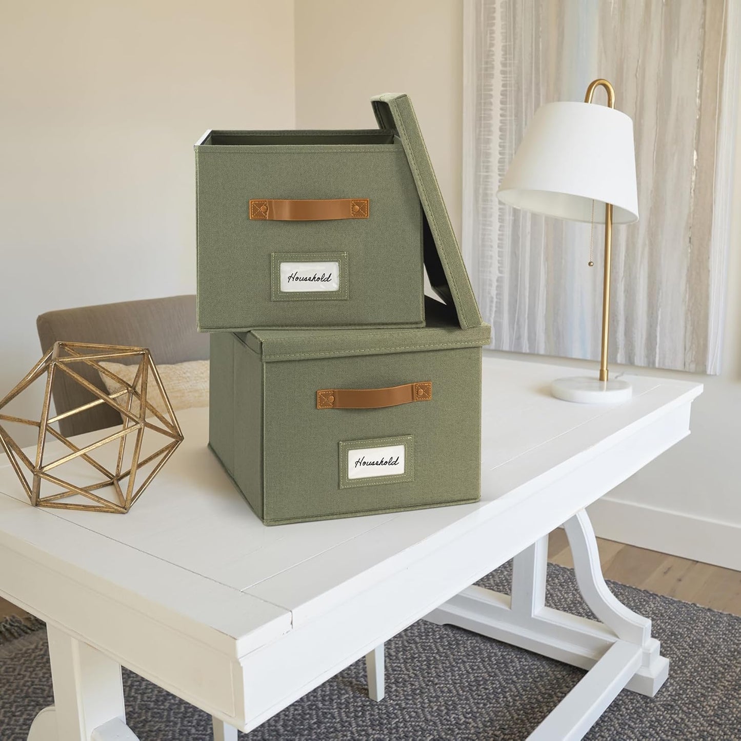 ZICOTO Decorative File Organizer Box Set of 2 - Collapsible Linen Filing Cabinets with Handles Are Perfect to Store All Your Documents & Hanging File Folders - Portable Easy Slide Crates with Lid
