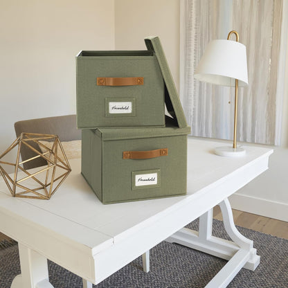 ZICOTO Decorative File Organizer Box Set of 2 - Collapsible Linen Filing Cabinets with Handles Are Perfect to Store All Your Documents & Hanging File Folders - Portable Easy Slide Crates with Lid