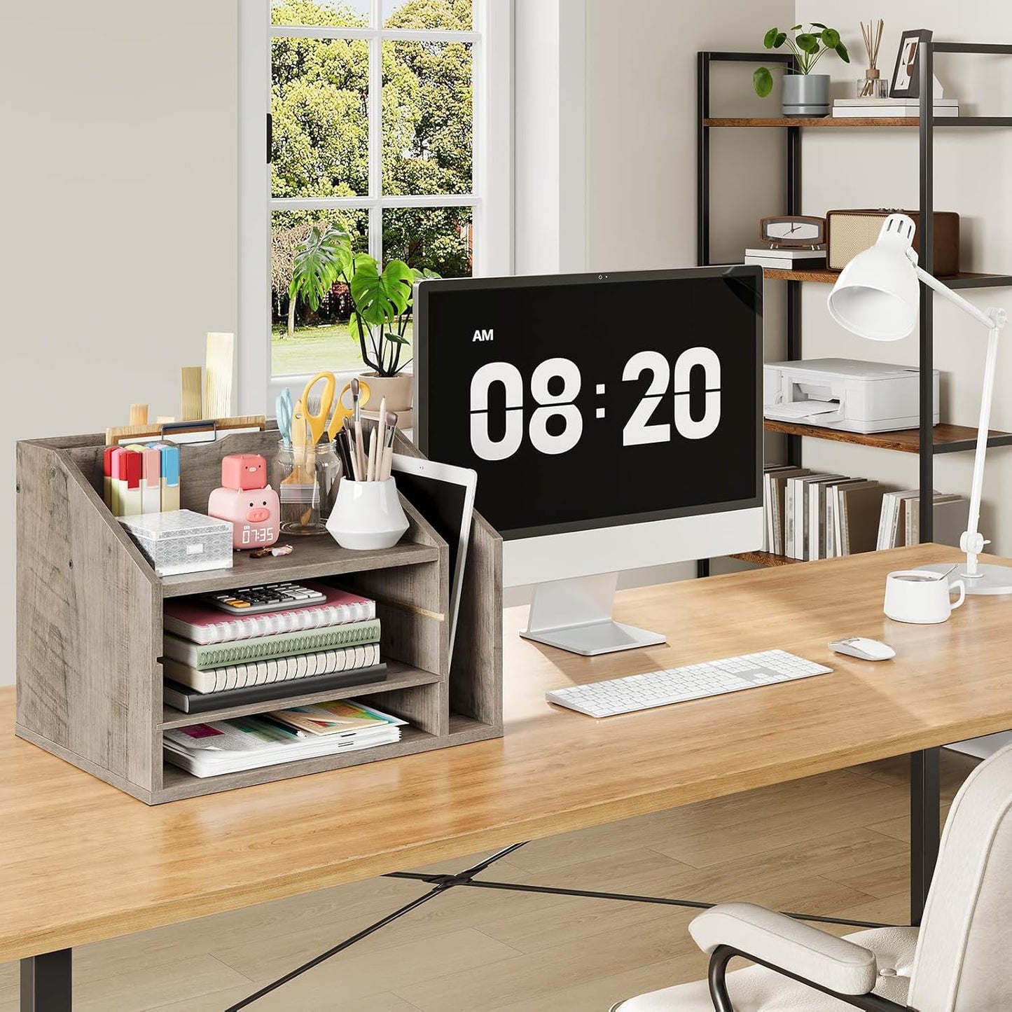 CHOEZON Wooden Desk Organizer with Adjustable Partitions, Multi-Layer Desktop File Holder for Home Office, Paper & Stationery Storage Organizer, Rustic Brown MWJ04FG
