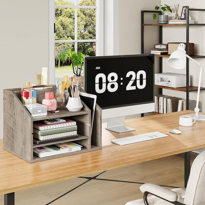 CHOEZON Wooden Desk Organizer with Adjustable Partitions, Multi-Layer Desktop File Holder for Home Office, Paper & Stationery Storage Organizer, Rustic Brown MWJ04FG