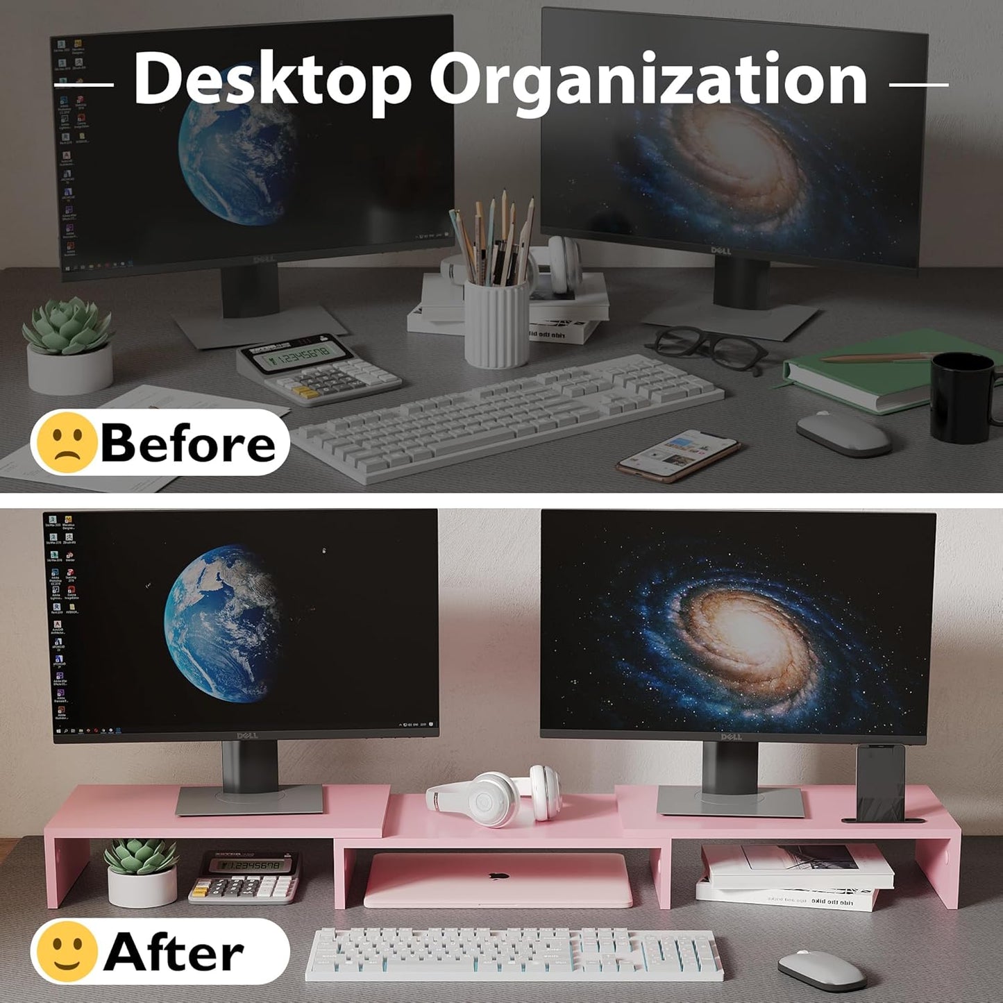 BONTEC Dual Monitor Stand Riser with Smartphone Holder, Adjustable Length & Swivel Angle, Ergonomic Wooden Desktop Organizer for PC Monitor, Laptop, Printer, Large Storage, White