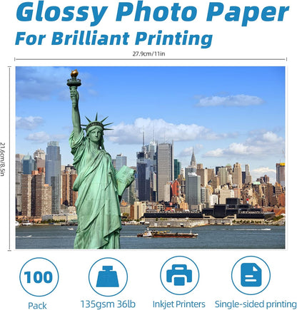 Uinkit 37lb Thin Flyer Paper Glossy 8.5x11 Inkjet 100 Sheets Single Side DIY Chip Bag 135gsm Printer Picture for Inkjet Printer with Dye Ink Letter size A4 Brochure (8.5X11X100)