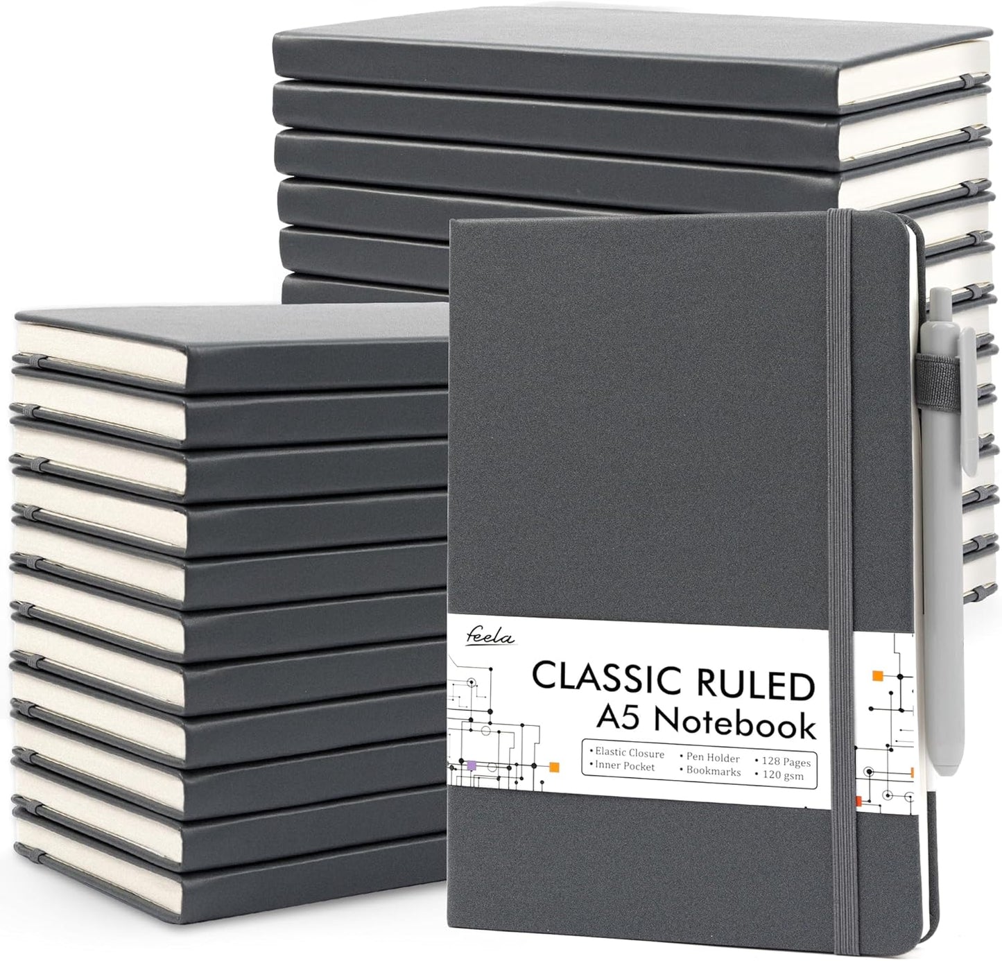 feela College Ruled Notebooks, 24 Pack Business Notebook Hardcover Lined Writing Journal with Pen Holder for Men Women Note Taking, with 24 Black Pens, 120 GSM, 5.1”x8.3”, A5, White