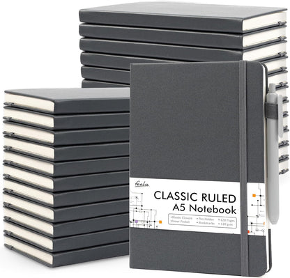 feela College Ruled Notebooks, 24 Pack Business Notebook Hardcover Lined Writing Journal with Pen Holder for Men Women Note Taking, with 24 Black Pens, 120 GSM, 5.1”x8.3”, A5, White