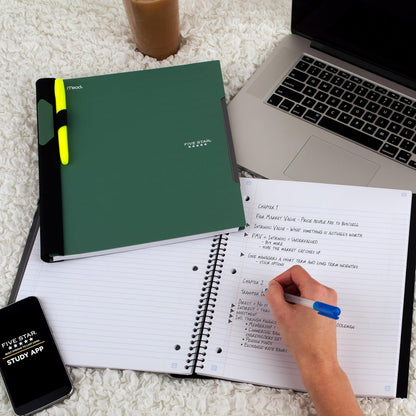 Five Star Advance Spiral Notebook + Study App, 5 Subject, College Ruled Paper, 8-1/2" x 11", 200 Sheets, Spiral Guard, Movable Tabbed Dividers, Black (73144)