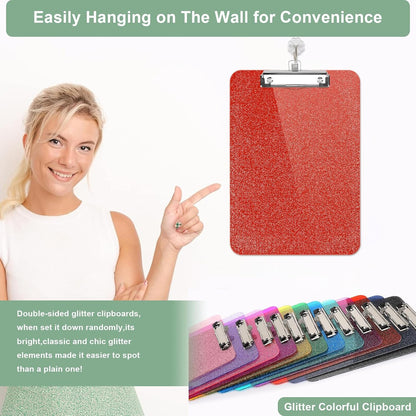 SFLHHDM 1 Pcs Clear Glitter Clipboards, Plastic Clipboard with Pen Holder, Size 8.85 x 12.4 in Shiny Clipboards with Low Profile Clip, Cute Hanging Clipboard for Office School Sparkly Clip Board-Pink