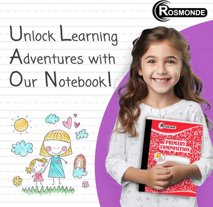 Rosmonde 12 Pack Primary Composition Notebooks, 200 Pages (100 Sheets), Primary Ruled Composition Notebook, 9-3/4" x 7-1/2", Grades K-2, Writing Dotted Lined, Assorted, Colors May Repeat