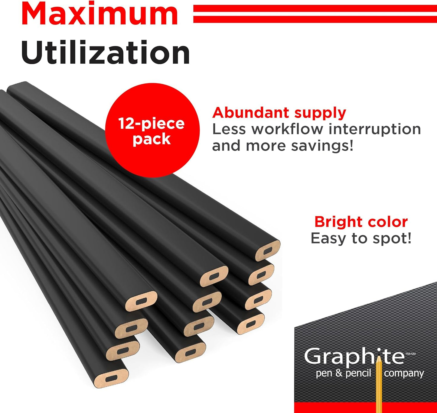 GRAPHITE Hard Lead Carpenter Pencils Bulk - (1) Pack of 12 Pieces Lumber Wooden Pencil #2 (HB) - Red